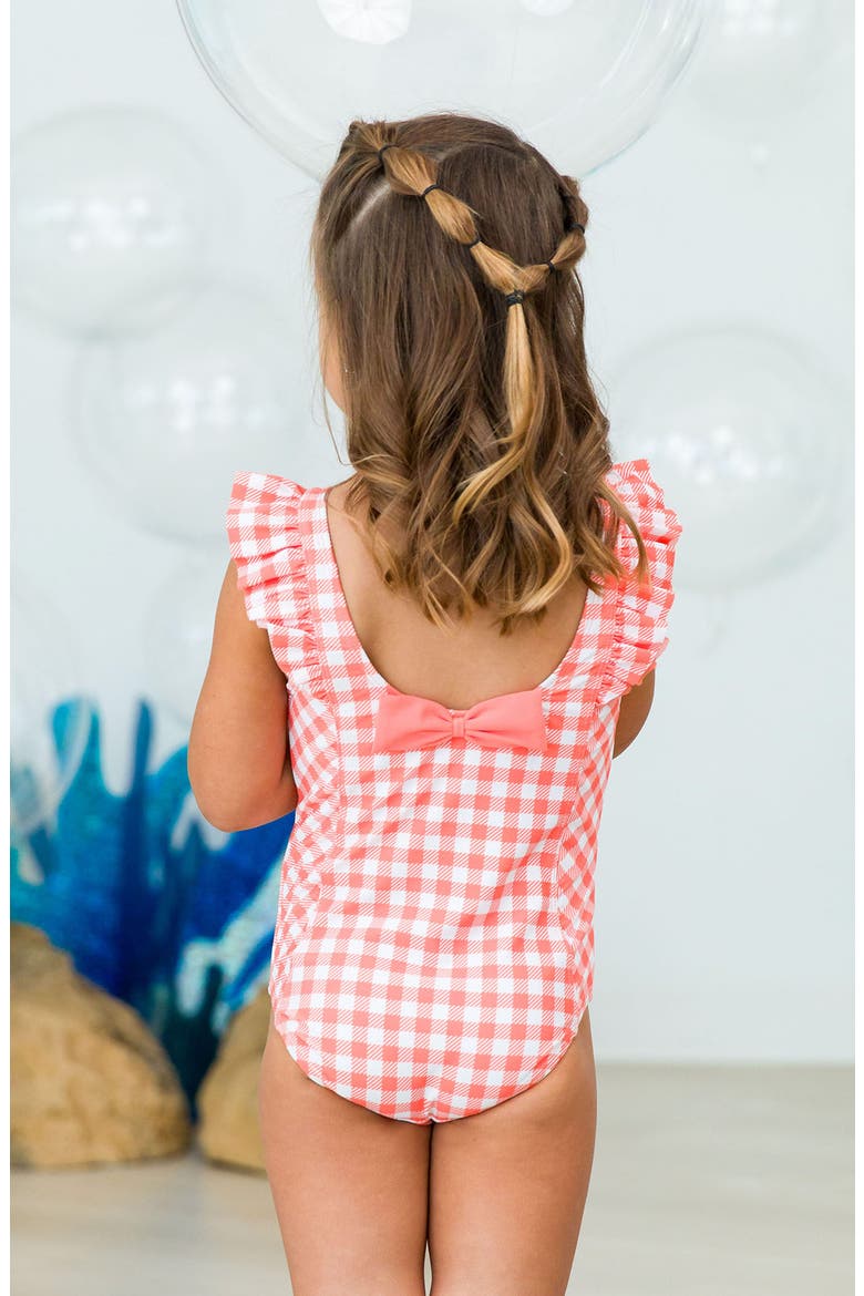 Gingham Waterfall Ruffle One-Piece Swimsuit, Alternate, color, ORANGE