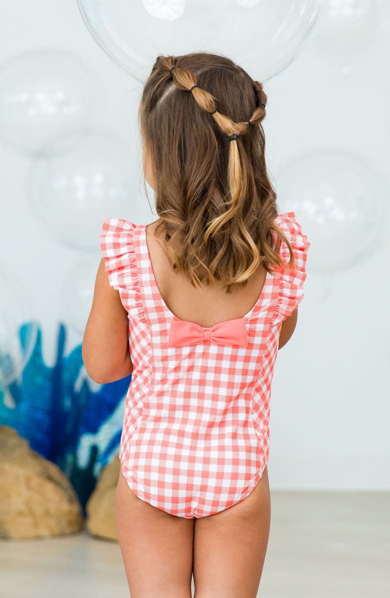 RuffleButts Gingham Waterfall Ruffle One-Piece Swimsuit, Alternate, color, Orange
