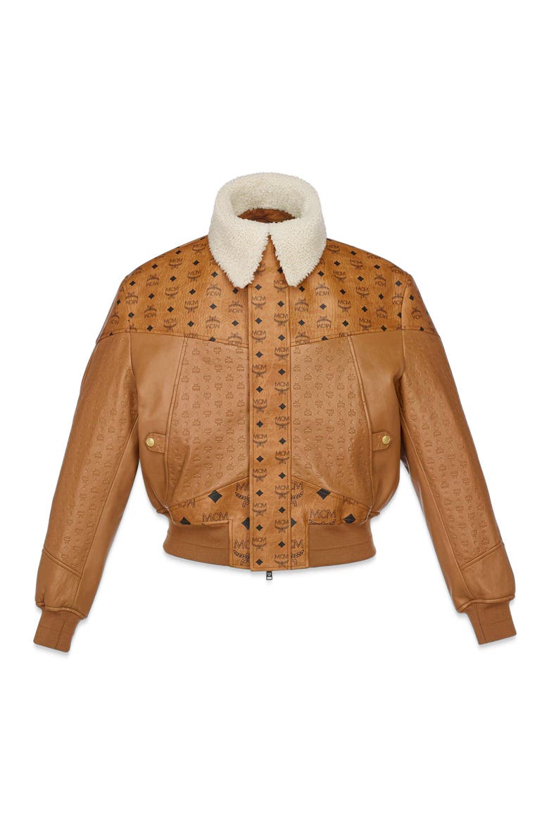 Shearling Bomber Jacket in Visetos Leather Mix, Alternate, color, cognac