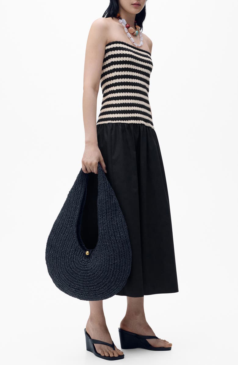 MANGO Nati Strapless Mixed Media Maxi Dress, Main, color, Black