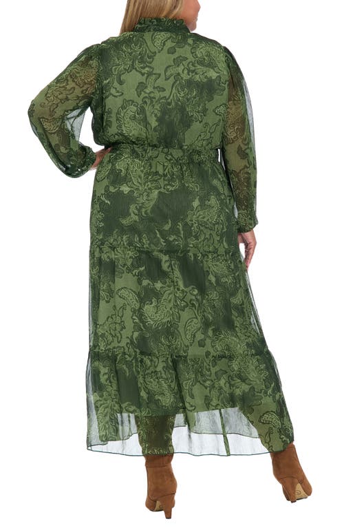 London Times Paisley Long Sleeve Tiered Chiffon Maxi Dress In Green