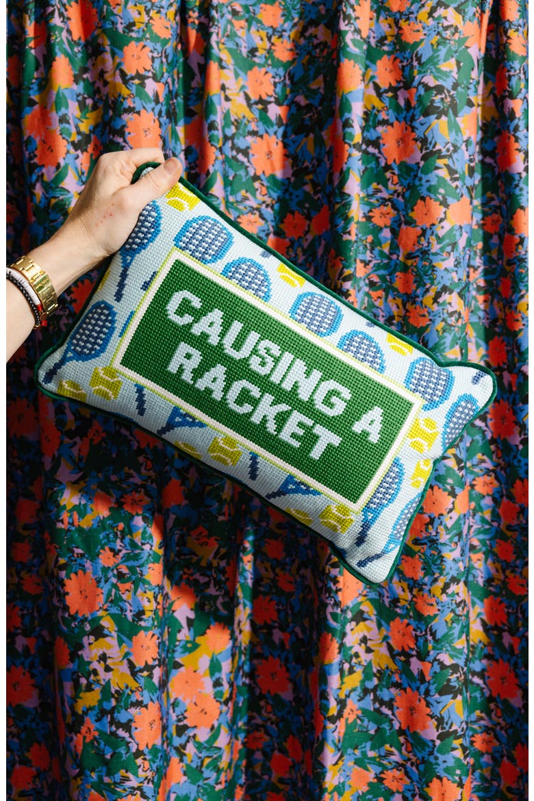 Causing A Racket Needlepoint Pillow, Alternate, color, Causing A Racket