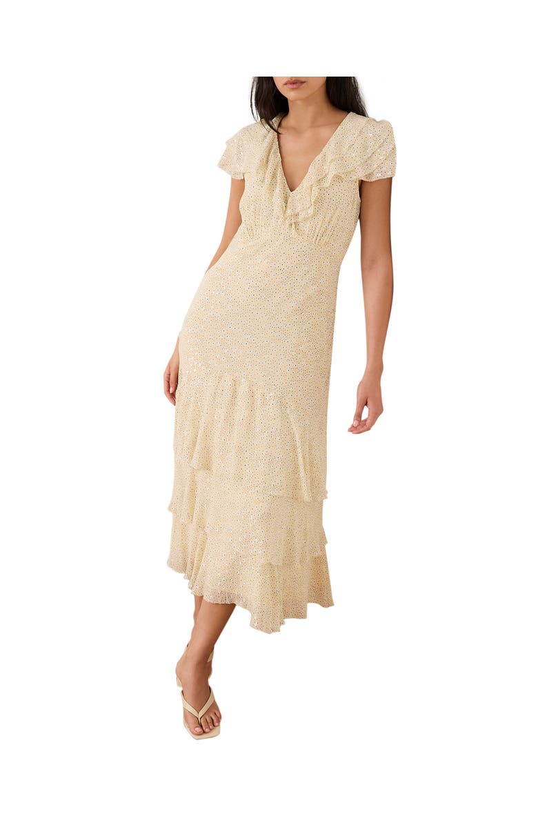 MINT VELVET Ruffle Print Midi Dress, Alternate, color, Yellow