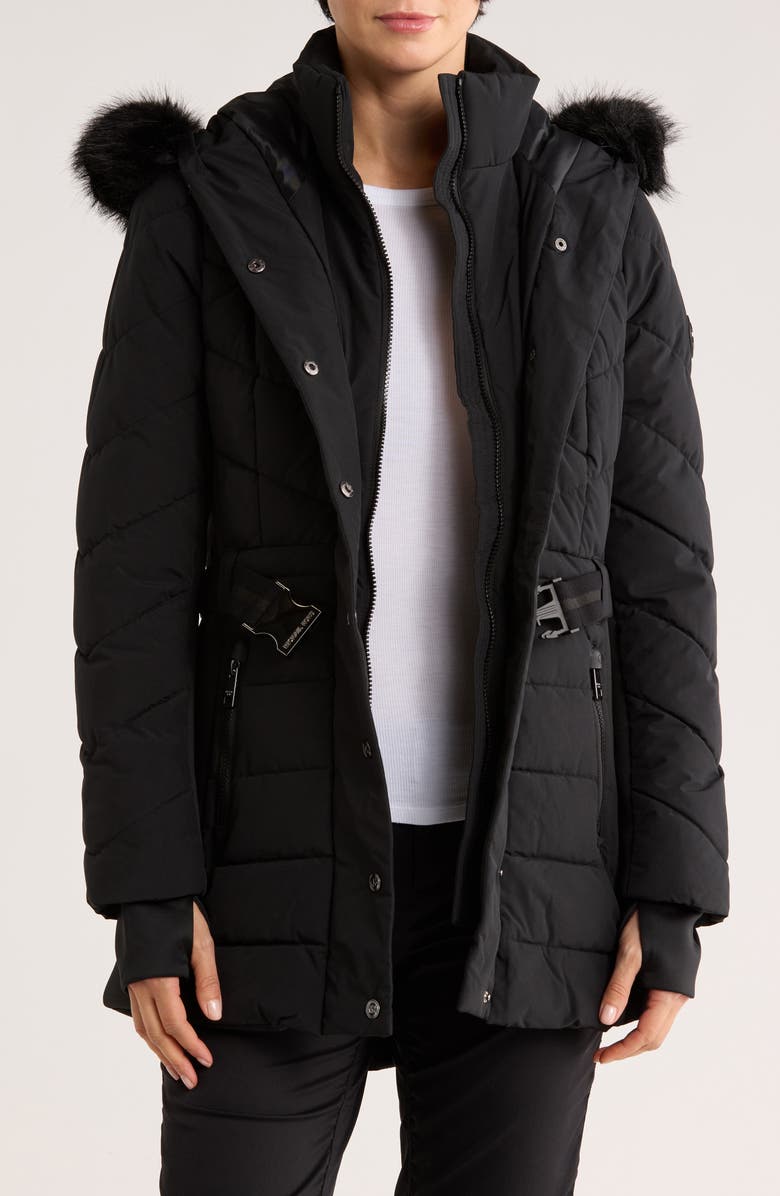 Michael Kors Faux Fur Trim Belted Puffer Jacket, Alternate, color, Black