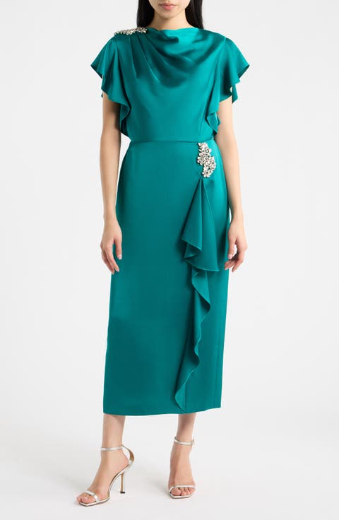 Ruffle Embellished Cowl Neck Midi Dress