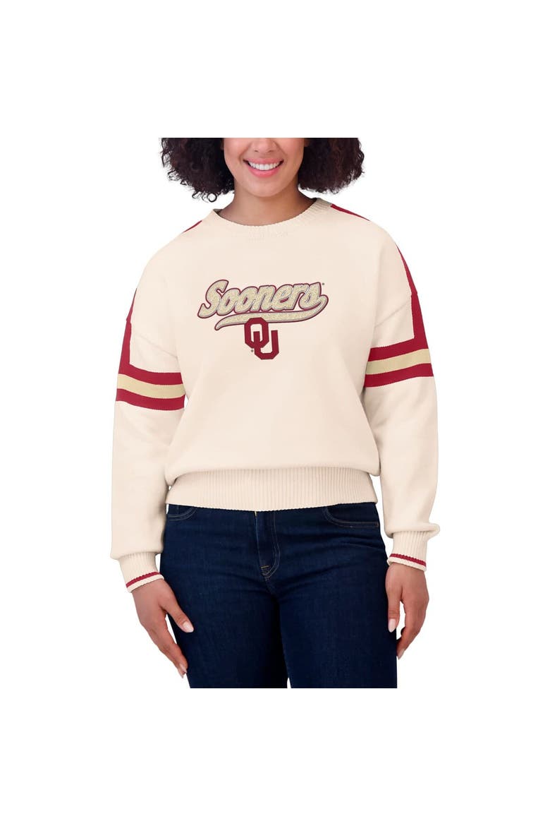 Women's WEAR by Erin Andrews  Cream Oklahoma Sooners Chenille Woven Patch Stripe Pullover Sweater, Alternate, color, Cream
