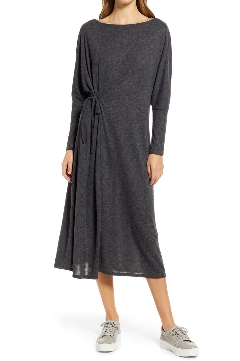 Cozy Long Sleeve Knit Wrap Dress, Main, color, GREY DARK CHARCOAL HEATHER