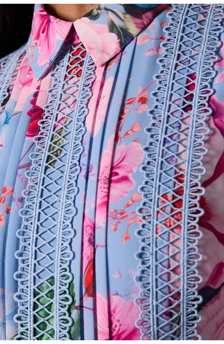 Coast Pleated Lace Trim Long Sleeve Midi Dress, Alternate, color, Blue