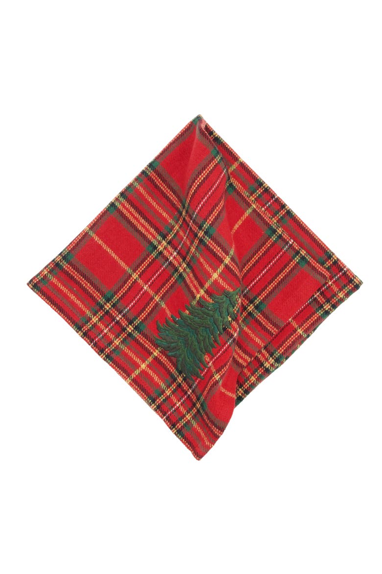 Spruce Tree Embroidery on Plaid Set of 6 Cloth Napkins, Alternate, color, Red