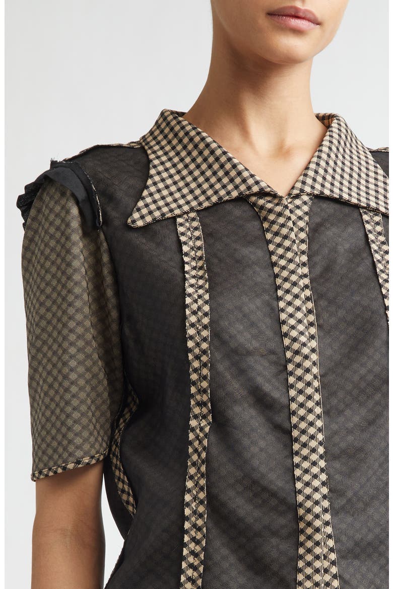 Jacquard Silk Organza Mixed Media Short Sleeve Button-Up Shirt, Alternate, color, BEIGE/ BLACK