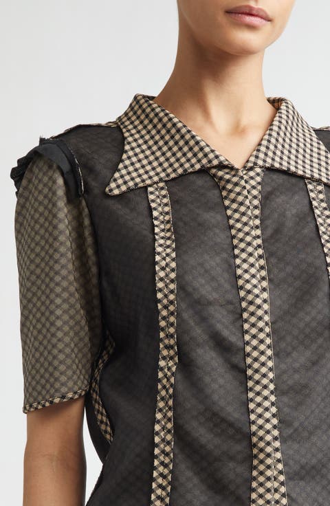Jacquard Silk Organza Mixed Media Short Sleeve Button-Up Shirt