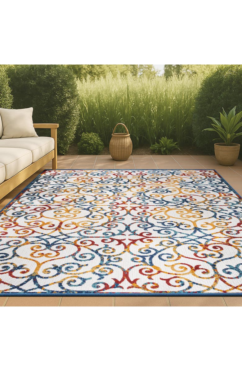 JONATHAN Y Atrani Scroll Trellis Indoor/Outdoor Area Rug, Alternate, color, Cream/Blue/Red