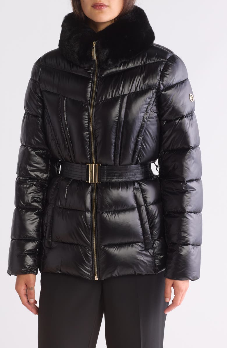 Michael Kors Faux Fur Collar Belted Puffer Jacket, Main, color, 