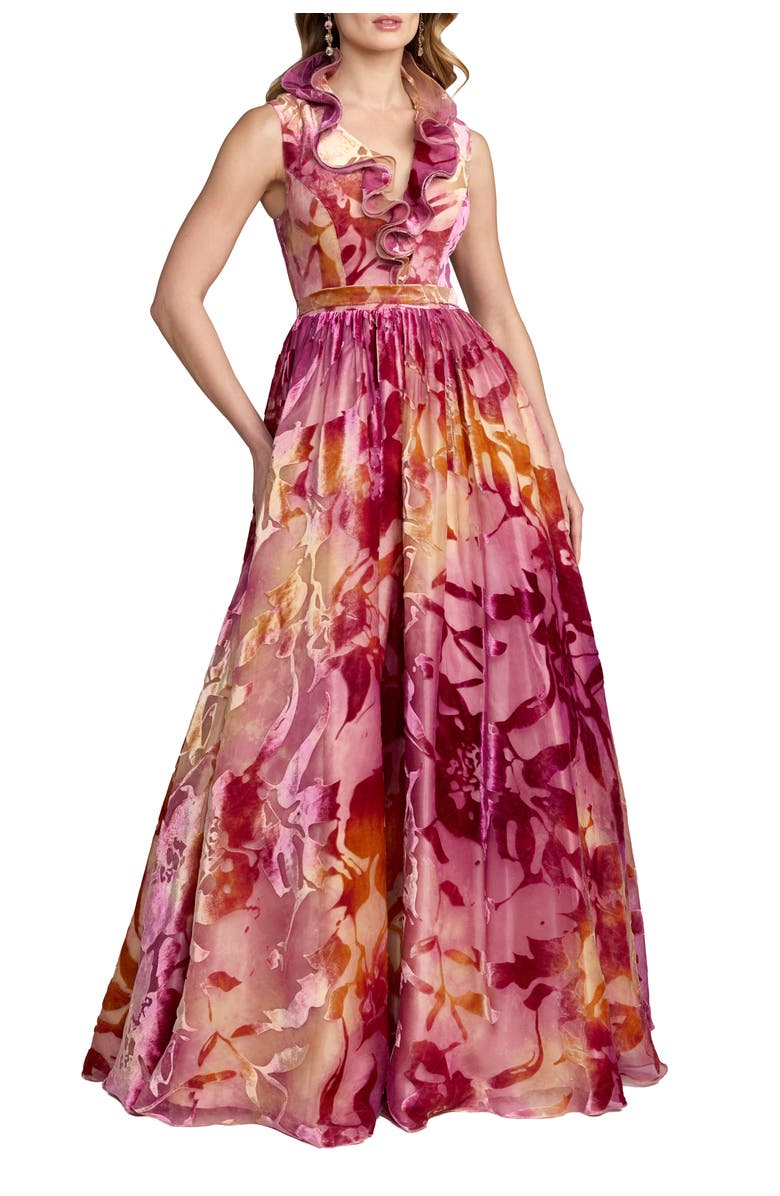 Mac Duggal Burnout Organza Ruffle V Neck Detail Ballgown, Main, color, Orchid Multi