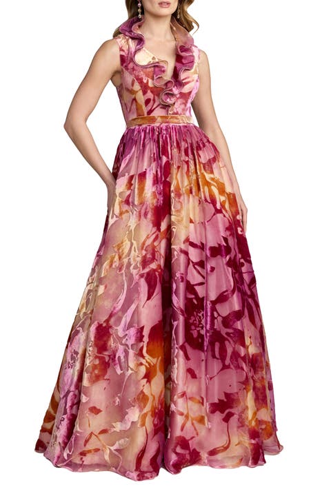 Burnout Organza Ruffle V Neck Detail Ballgown