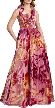 Mac Duggal Burnout Organza Ruffle V Neck Detail Ballgown