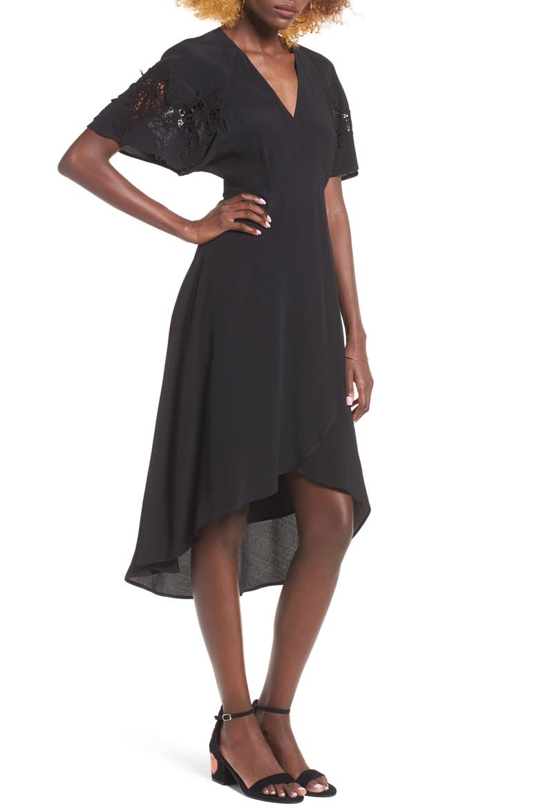 Crochet Sleeve Wrap Dress, Main, color, BLACK