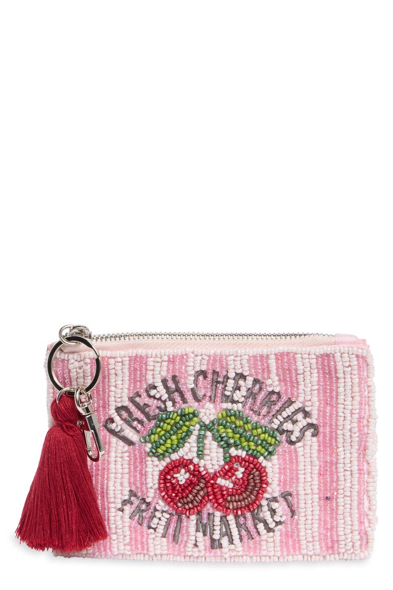Fresh Cherries Beaded Zip Pouch, Main, color, PINK