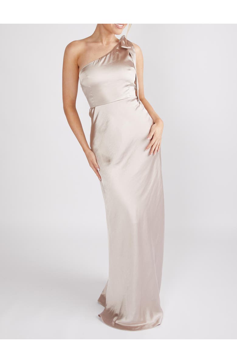 Six Stories Bow One Shoulder Satin Bridesmaid Dress, Alternate, color, Oyster