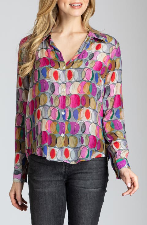 Abstract Print Roll Tab Sleeve Chiffon Button-Up Shirt
