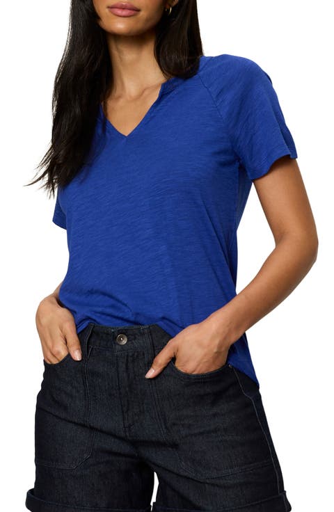 Notch V-Neck Cotton Blend T-Shirt