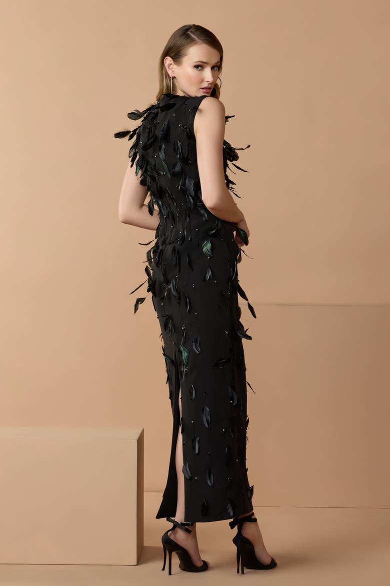 High Neck Sleeveless Feather Embellished Dress, Alternate, color, Black