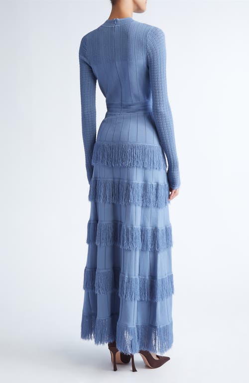 Lela Rose Piper Fringe Long Sleeve Sweater Dress In Blue