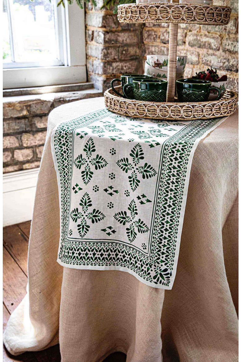 Iberian Border Linen Table Runner, Alternate, color, EVERGREEN