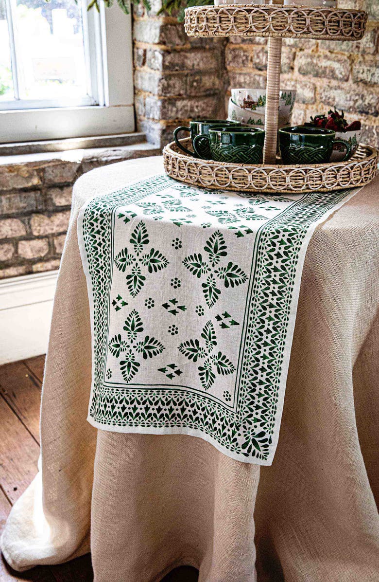 Juliska Iberian Border Linen Table Runner, Alternate, color, Evergreen