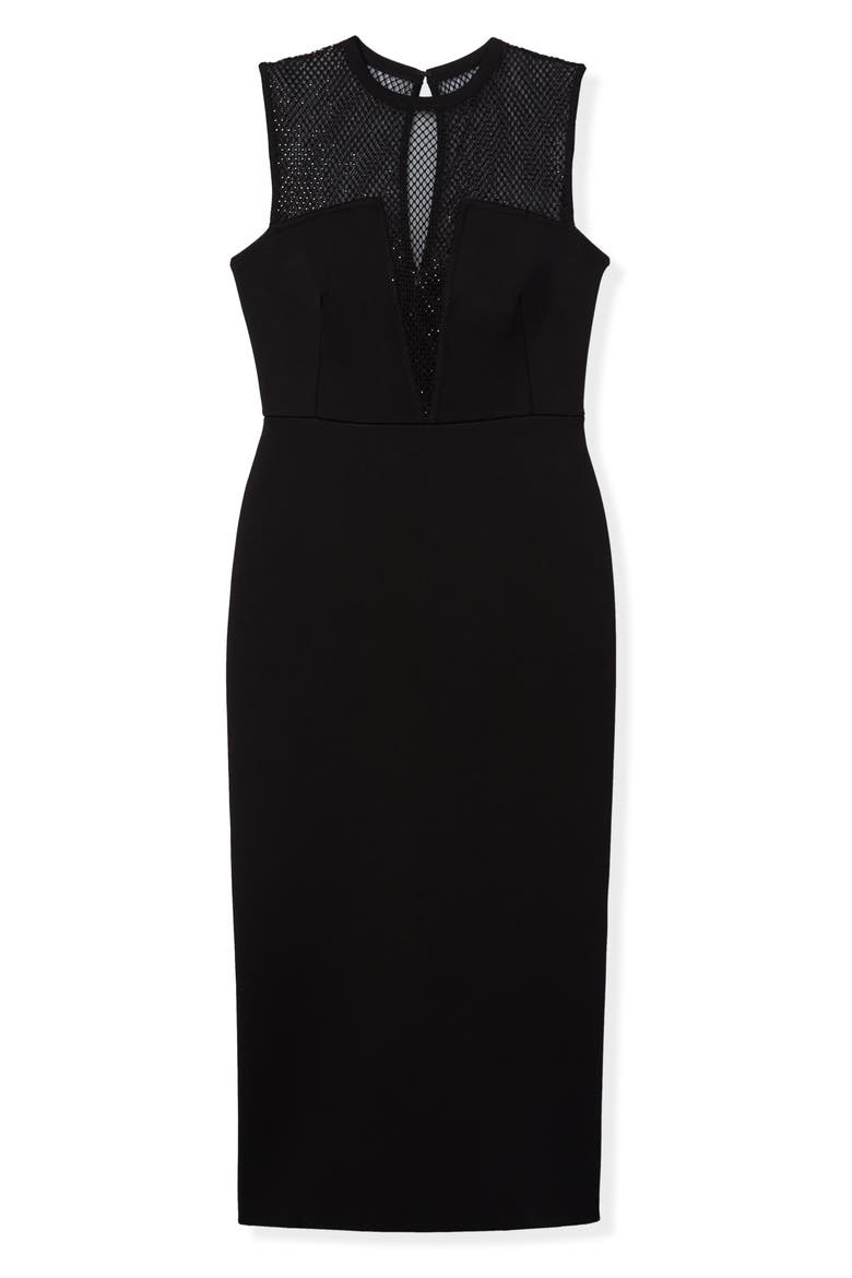 Shimmer Mesh & Milano Knit Midi Dress, Alternate, color, BLACK/ BLACK