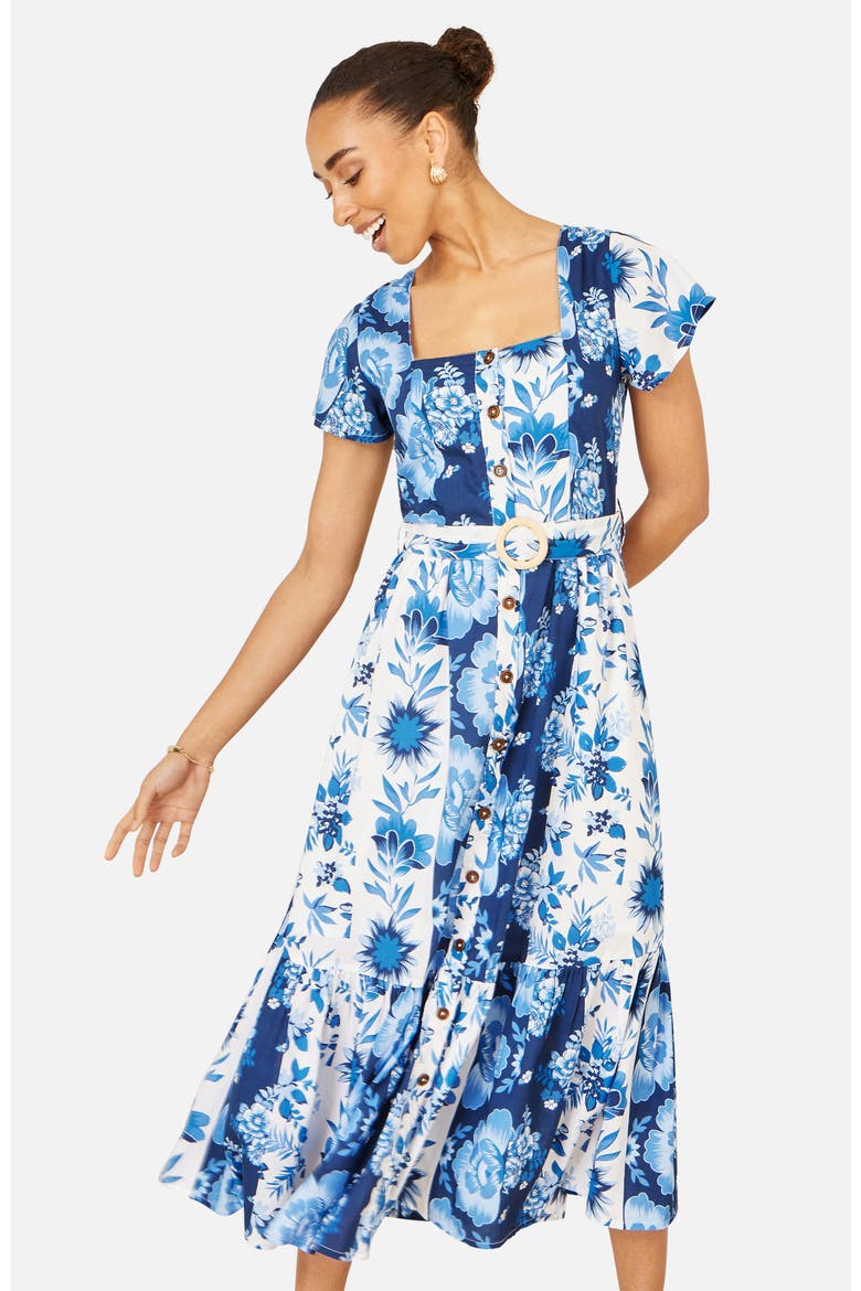 Floral Belted Midi Dress, Alternate, color, Blue