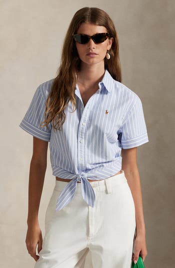 Tie Front Oxford Short Sleeve Button-Up Shirt