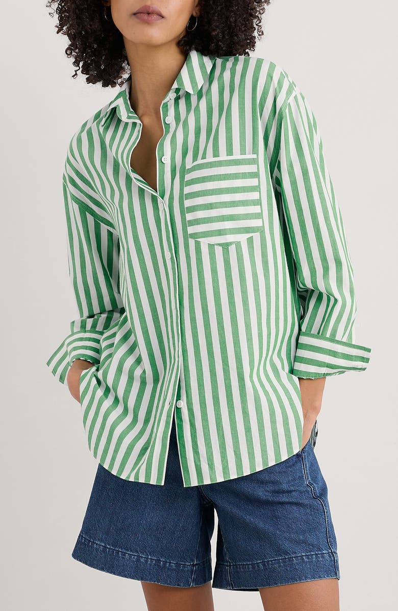 Seasalt Cornwall Sea Path Oversize Organic Cotton Poplin Button-Up Shirt, Main, color, Mini Scallion Stripe Hedgerow