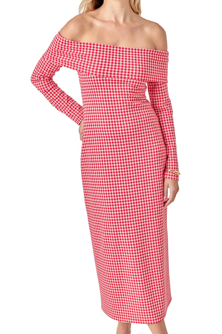 Gingham Long Sleeve Off-the-Shoulder Midi Dress, Alternate, color, RED