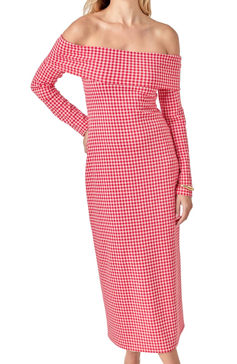 English Factory Gingham Long Sleeve Off-the-Shoulder Midi Dress, Alternate, color, Red