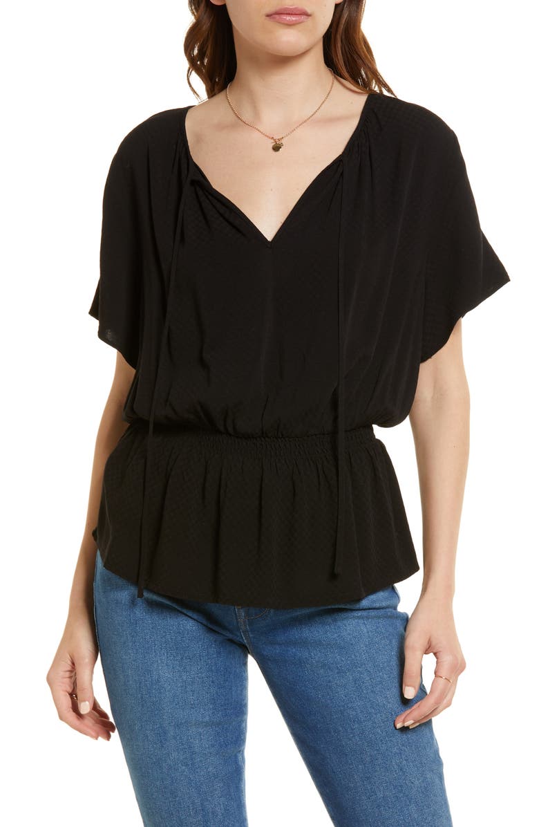 Treasure & Bond Shirred Split Neck Blouse, Main, color, 