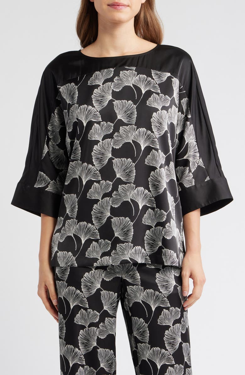 Anne Klein Floral Print Woven Shirt, Main, color, Black/ White/ Ivory