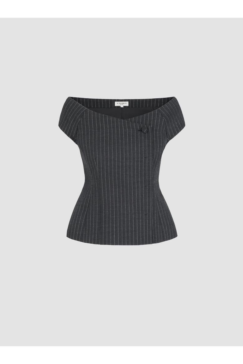 Tailored Pinstripe Bardot Top, Alternate, color, Charcoal Grey
