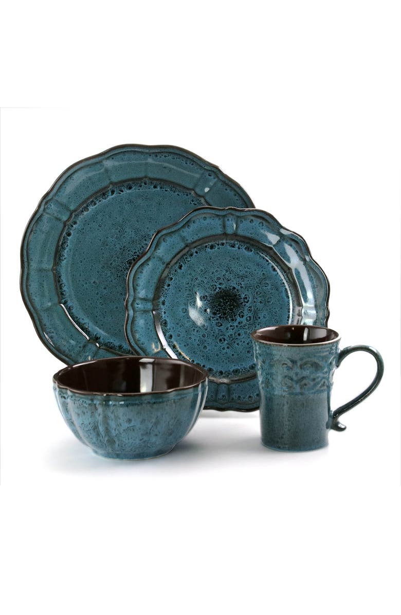 Elama Lavish 16 Piece Dinnerware set with Complete Setting for 4, Alternate, color, Blue