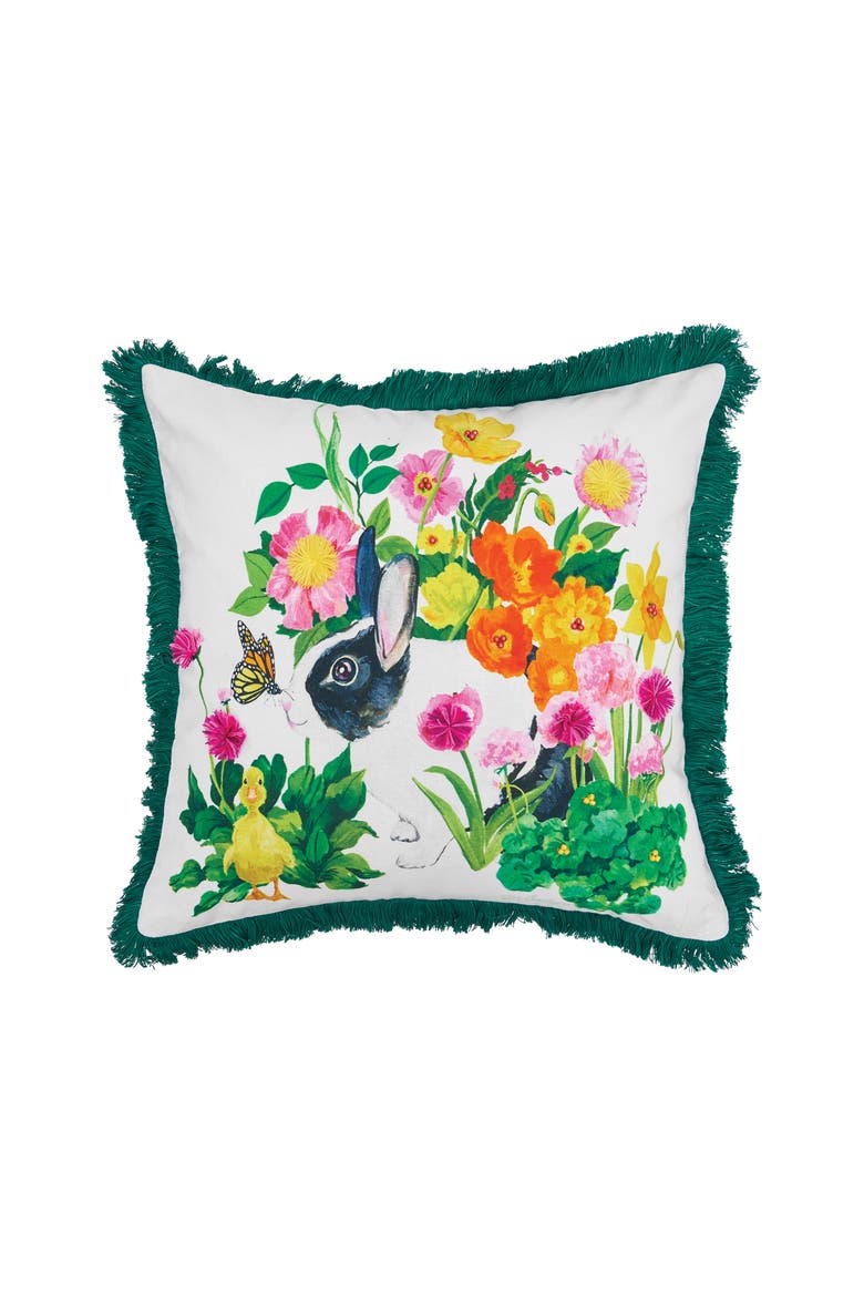 Easter Bunny & Flowers Printed Cotton Blend Accent Throw Pillow 18" x 18", Main, color, Blue