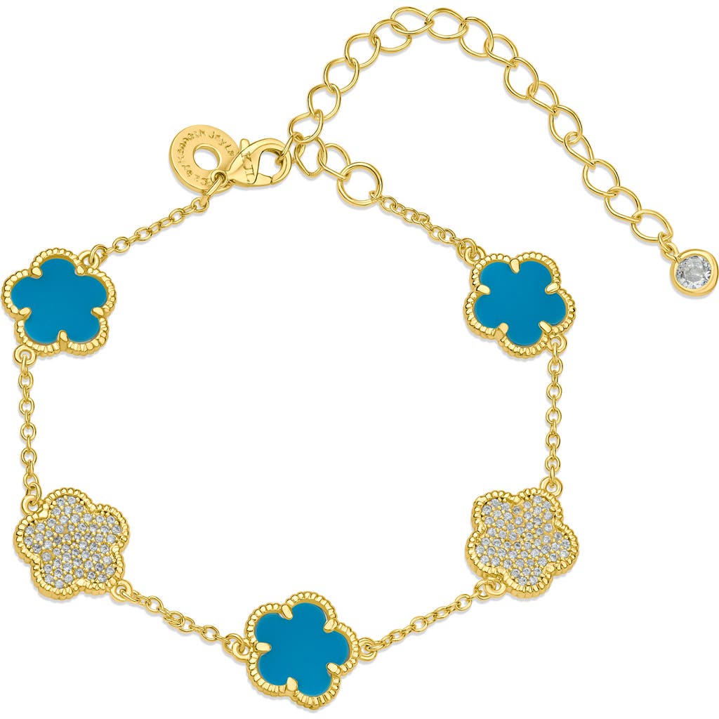 Cz By Kenneth Jay Lane Cz & Faux Turquoise Clover Bracelet In Gold