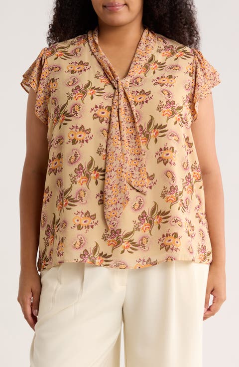 Floral Tie Neck Cap Sleeve Top (Plus)