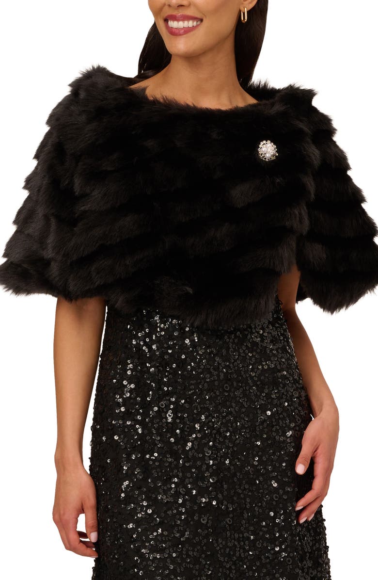 Adrianna Papell Brooch Detail Faux Fur Capelet, Main, color, 