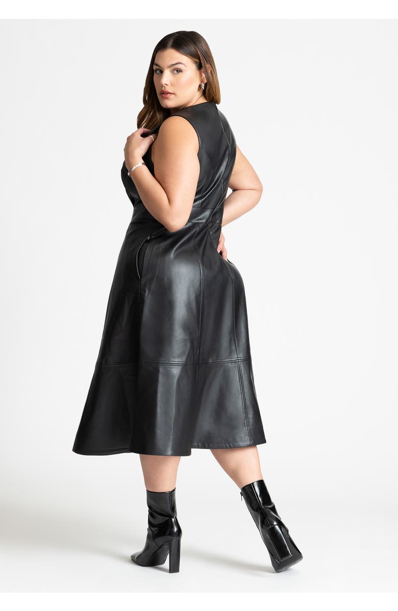 ELOQUII Faux Leather Knot Detail Flare Dress, Alternate, color, Black Onyx