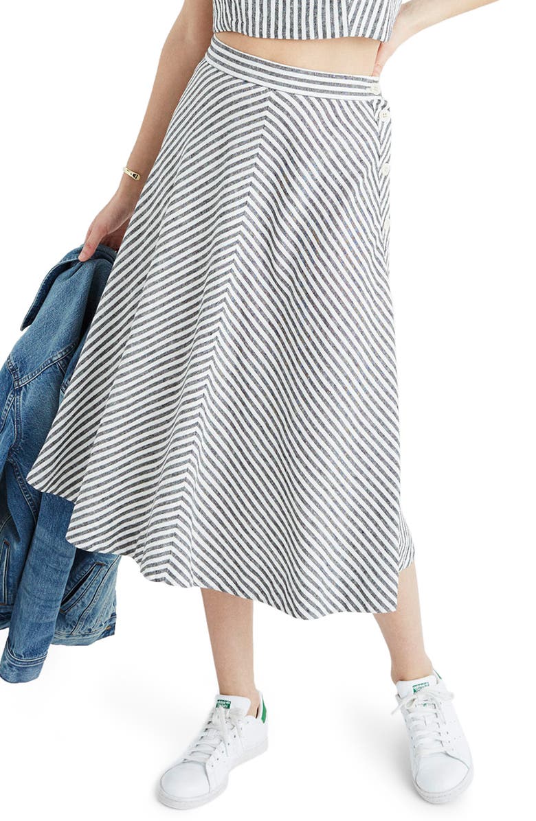 Madewell Stripe Side Button Midi Skirt, Main, color, 
