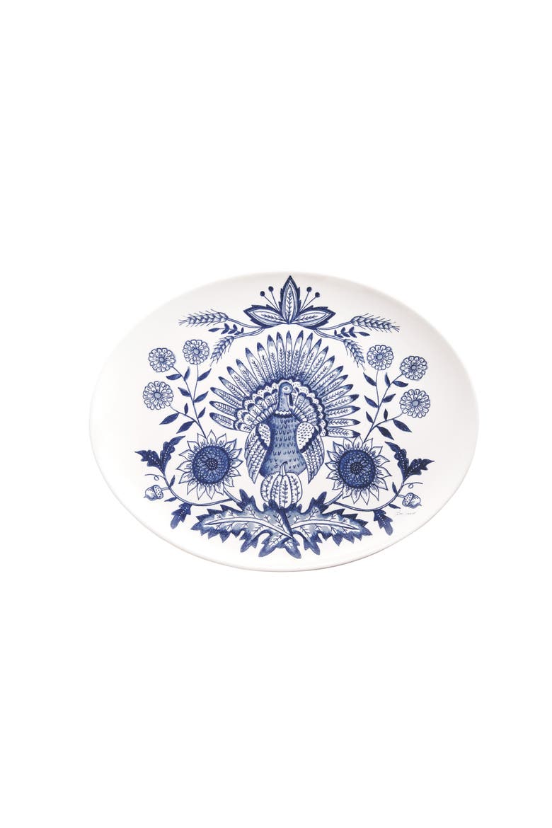 White & Blue Thanksgiving Turkey Oval Stoneware Serving Platter 10.6" x 13.4", Main, color, Blue