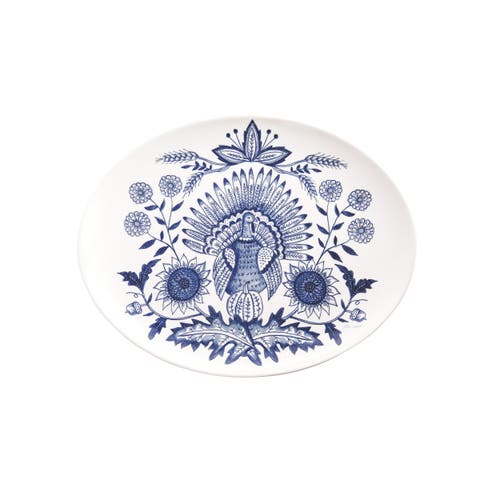 White & Blue Thanksgiving Turkey Oval Stoneware Serving Platter 10.6" x 13.4"