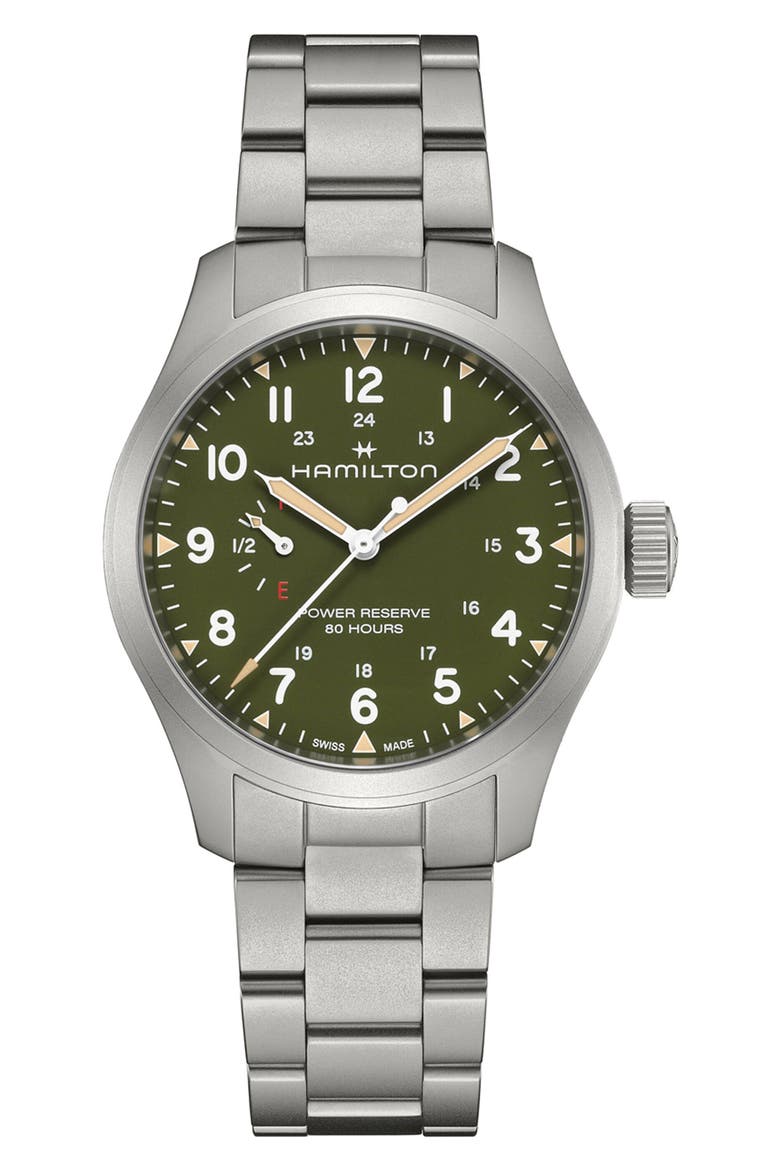 Khaki Field Mechanical Power Reserve Bracelet Watch, 40mm, Main, color, GREEN