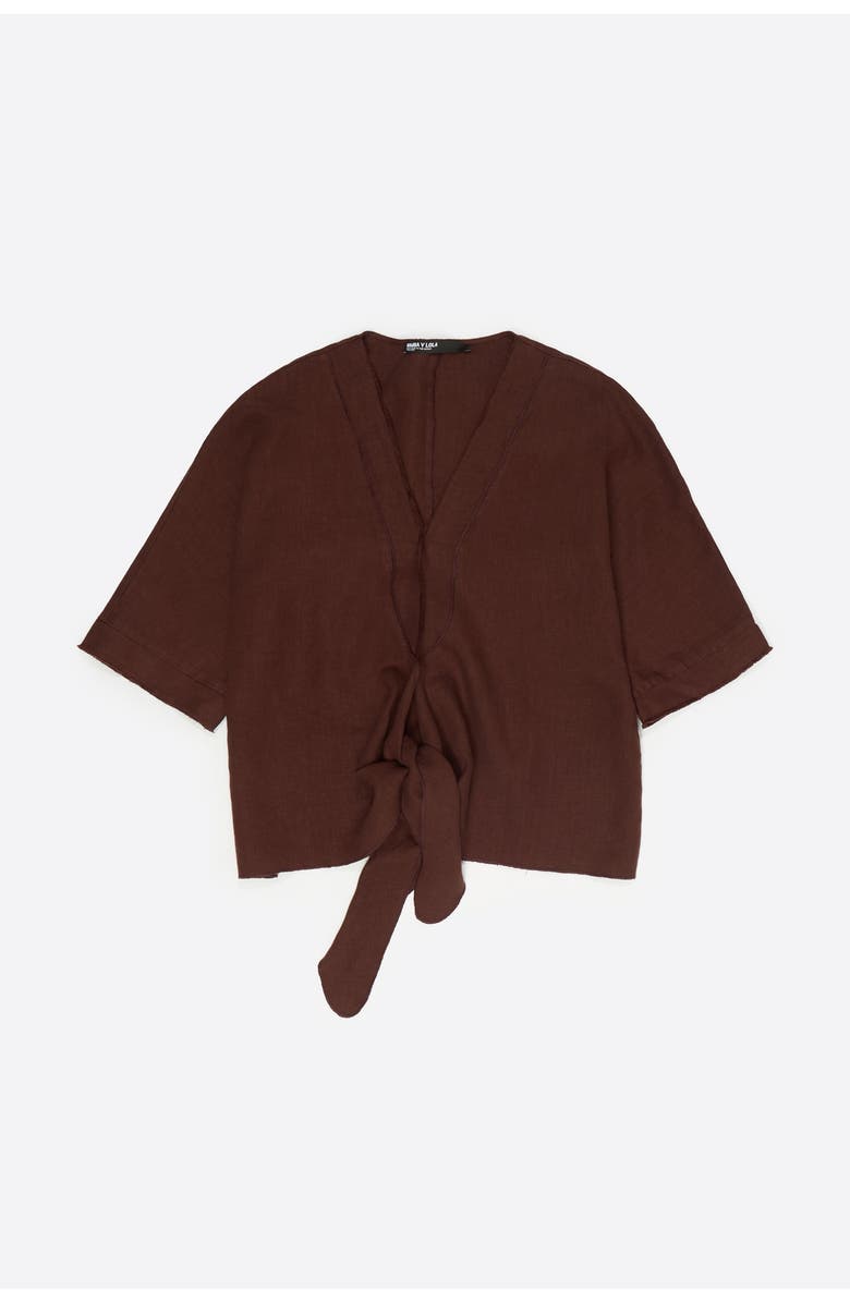 Bimba y Lola Linen Maxi Cape Shirt With Bow, Main, color, Brown