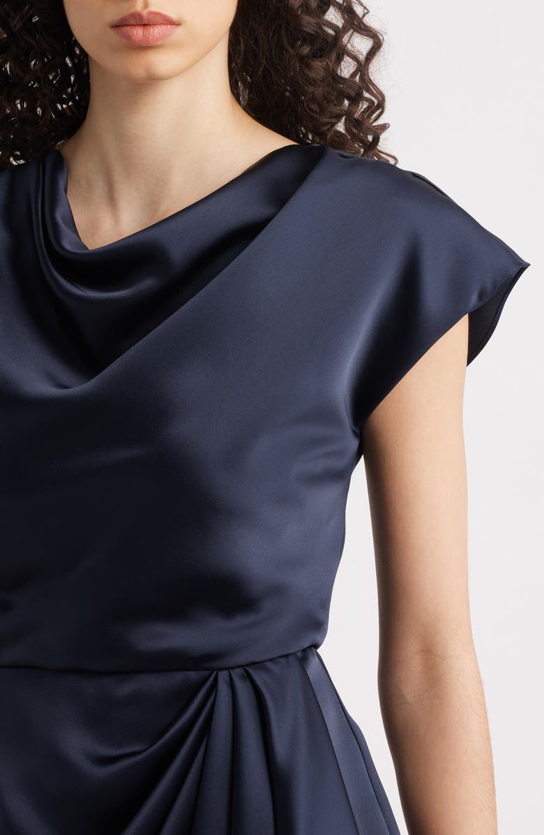 Amsale Cowl Neck Satin Sheath Dress, Alternate, color, Navy